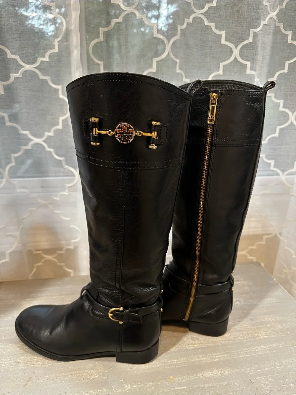 Tory Burch Nadine Black Leather Knee High Riding Boots Gold Logo Medallion 8